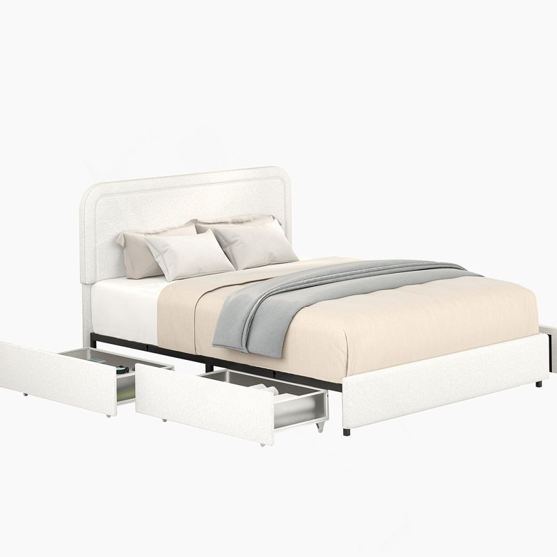 Grand lit plateforme tapissier avec rangement à 4 tiroirs breveté Boucle