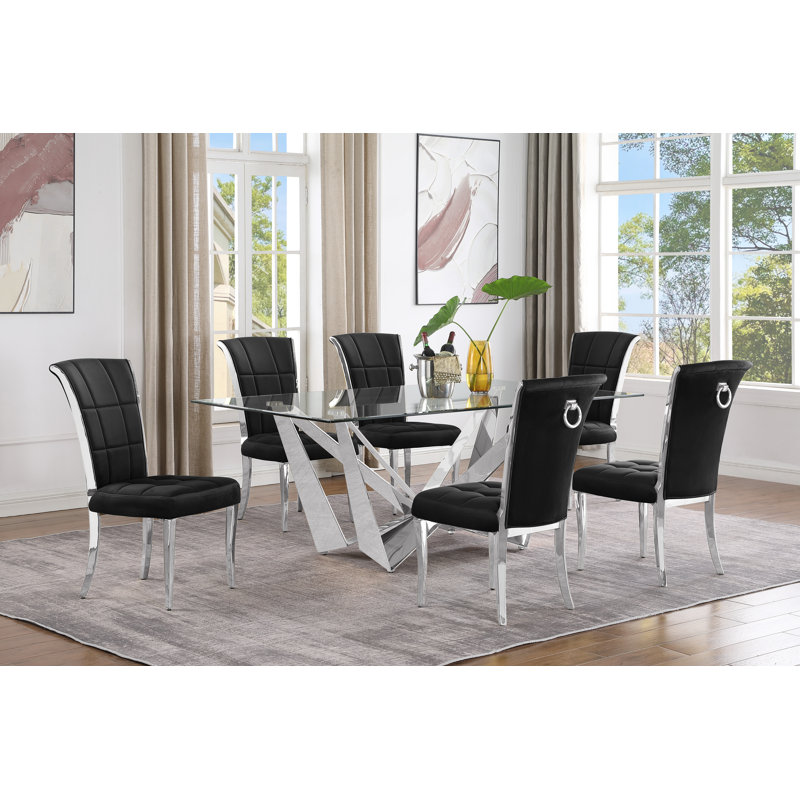 Kennise Glass Top Double Pedestal Dining Set, Black/Silver, 7, Silver