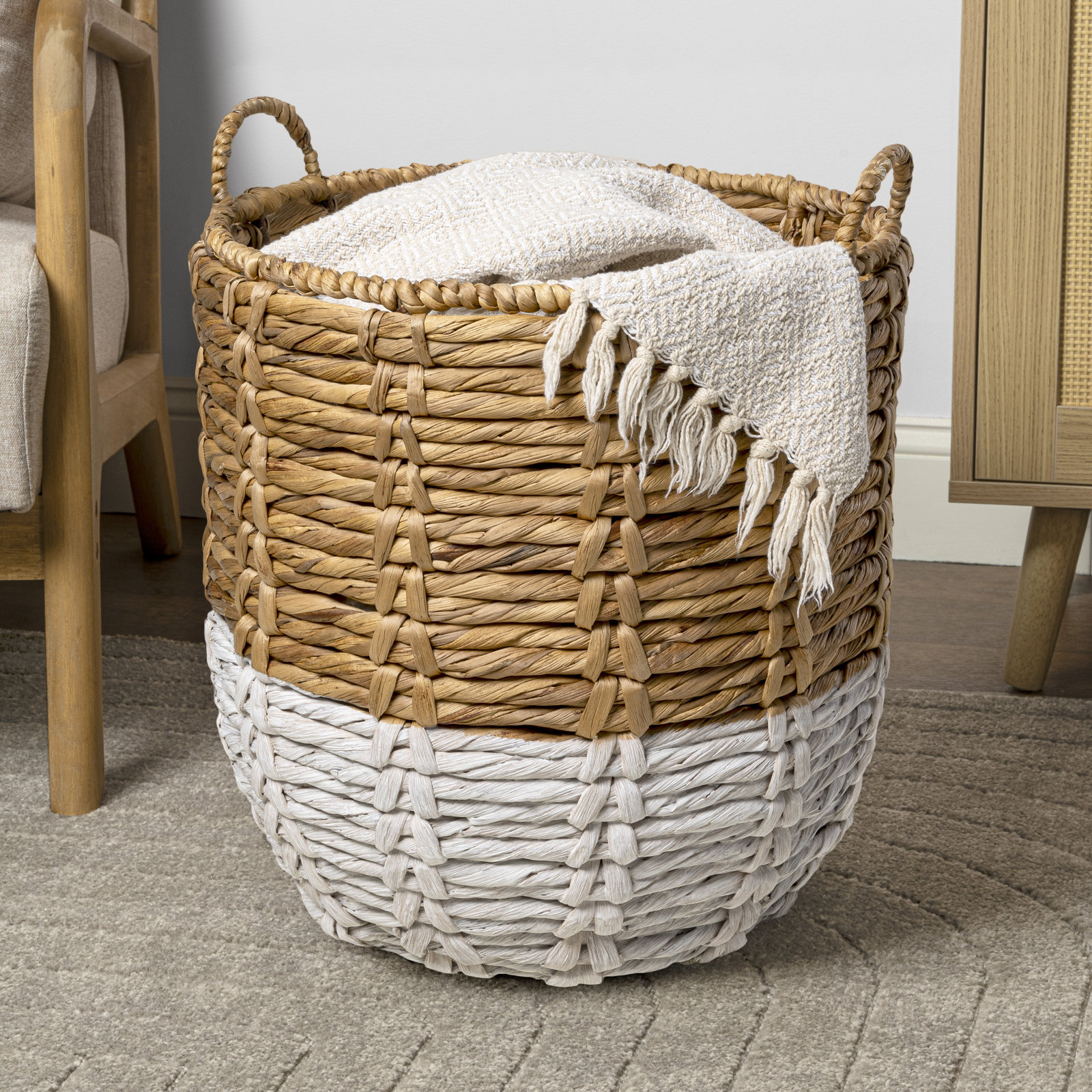 Kei Handmade Wicker Basket With Handles 1, Natural/White