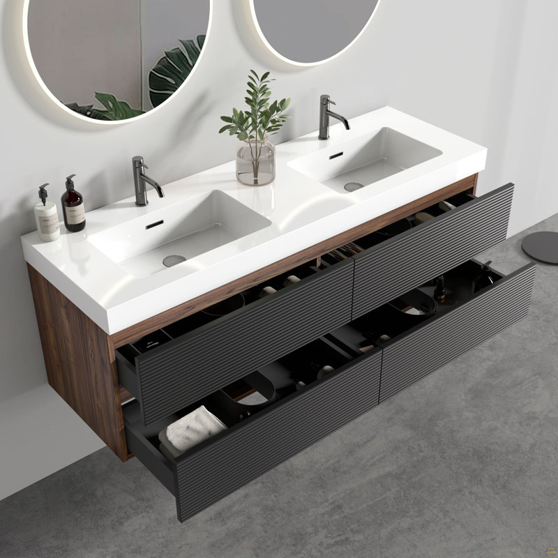 Meuble-lavabo 60 po en noyer avec lavabo à surface solide blanc brillant et tiroirs noirs doux, meuble-lavabo mural flottant, lavabo une pièce blanc brillant, pré-assemblé