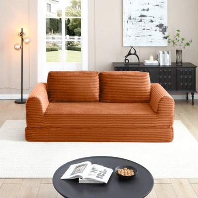 Modern Orange 21 Folding Sleeper Couch, Corduroy Futon With 2 Pillows, Boneless Upholstered Bed, Cloud-like Comfort, Secure Base, Instant Setup Stable