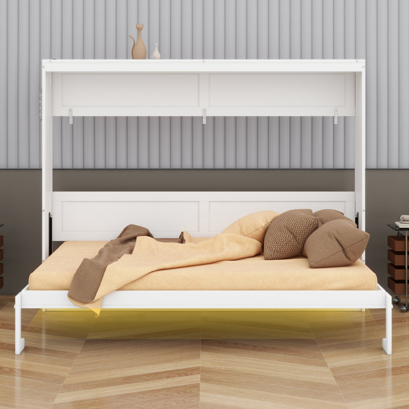 Lit escamotable peu encombrant avec motif imprimé, station de charge DEL sous le lit et USB, Grand lit, Blanc