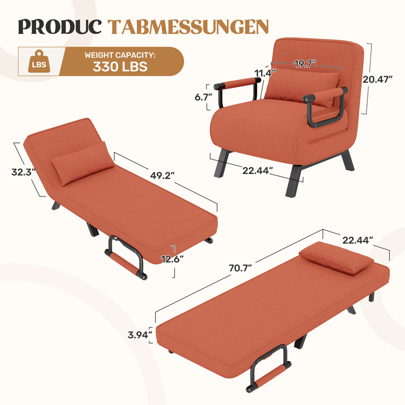 Upholstered Fabric Convertible Chair, Orange