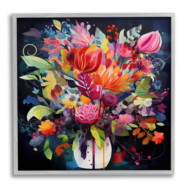 Bb-253 - Fleurs modernes encadrées sur fond bleu sur bois par Lazar Studio, H 17 po x l 17 po x P 1,5 po