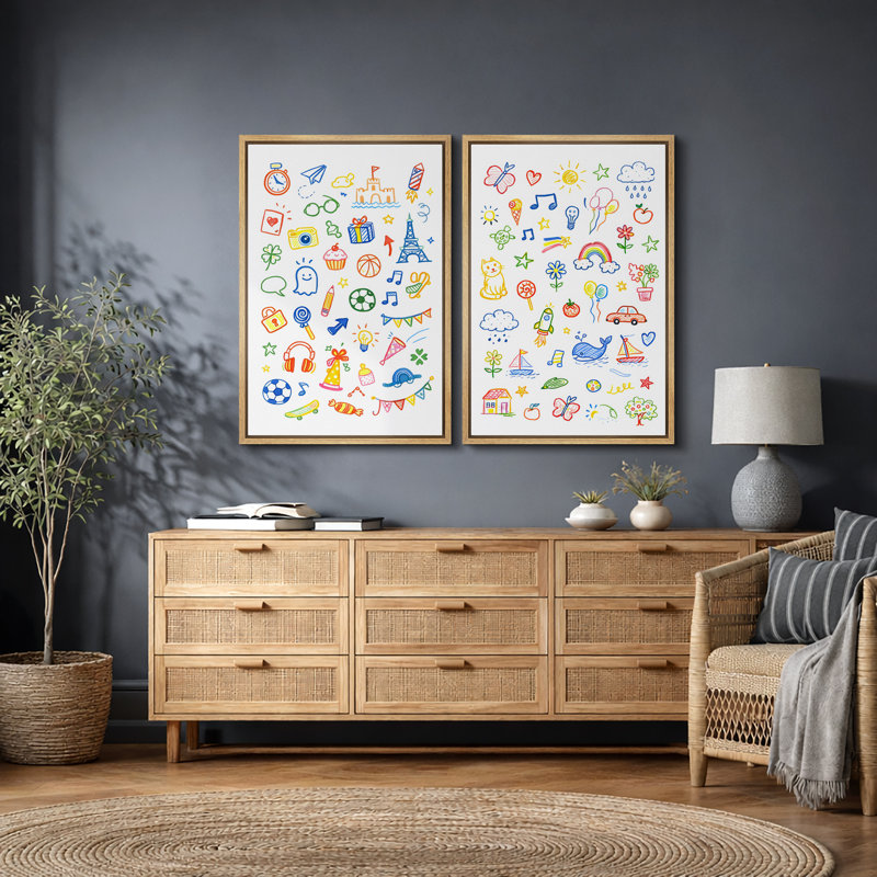 Colorful Kids Doodle Pattern Artwork, Playroom Pictures, Framed Canvas Giclee Print 2 Pieces Wall Art, Natural Frame