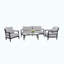 Ensemble de conversation extérieur 4 pièces avec fauteuils club modernes, canapé luxueux avec banc, table basse en pierre frittée d'inspiration marbre, structure en aluminium noir antirouille Ember et coussins Sunbrella