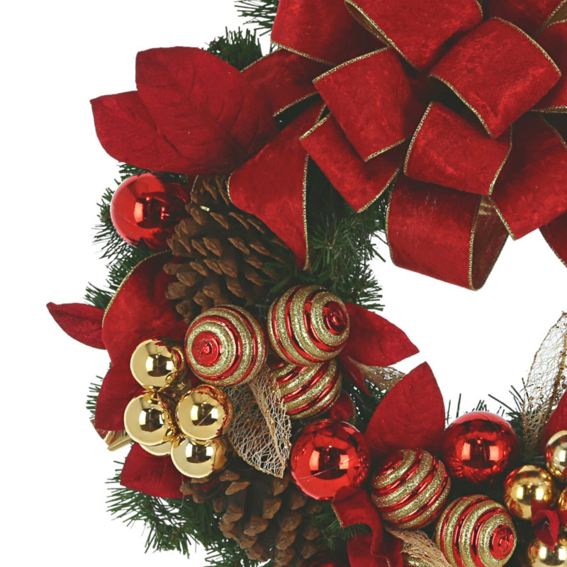 Holiday Wreath with Red and Gold Leaves, Ornaments, Pinecones and Velvet Bows