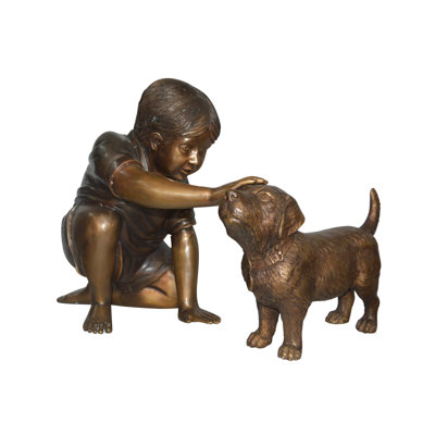 Boy And Dog Bronze Statue - Size: 30"L X 18"W X 18"H