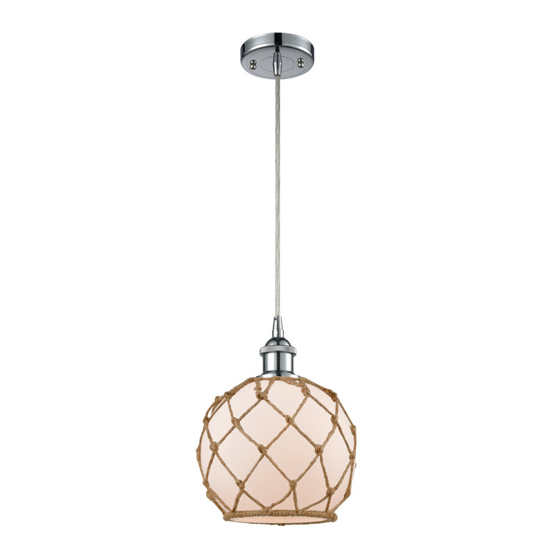 Luminaire suspendu en forme de globe à 1 lumière avec accents en corde Tobey, Blanc / Brun, Chrome poli