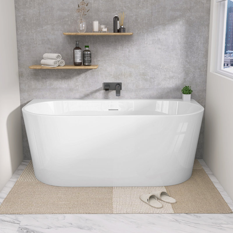 59'' x 30'' Corner Soaking Bathtub Acrylic Stand Alone Back to Wall Alcove Freestanding Tub with Overflow Glossy White