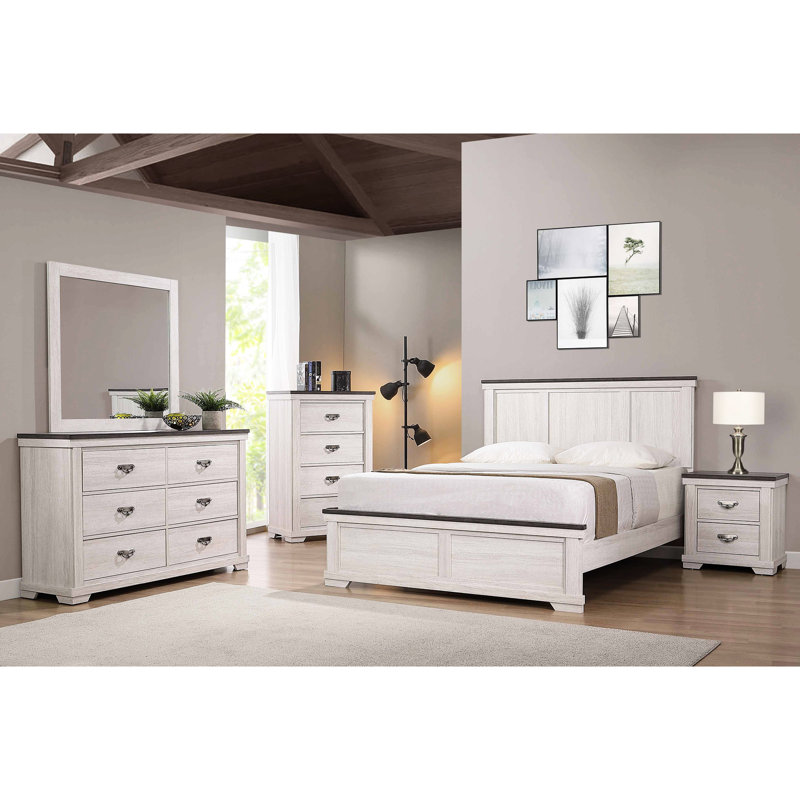 Antique White & Brown Queen Panel Bed In Rustic Ambiance Style Size Bed, Wood Bedroom Furniture With Clean Headboard And Included Slats Legs