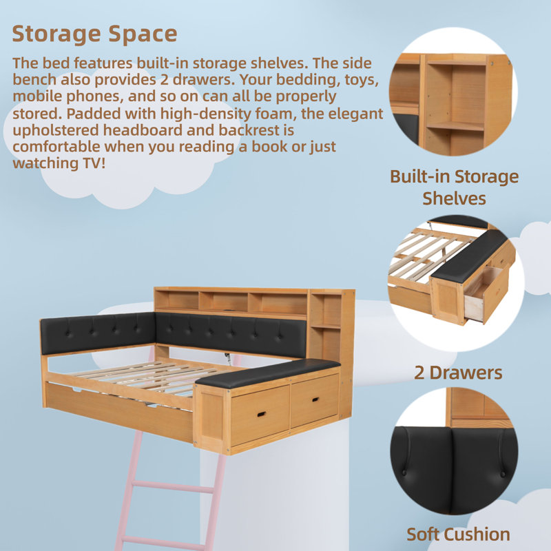 Full Size Daybed With Trundle & Multi Storage, Natural