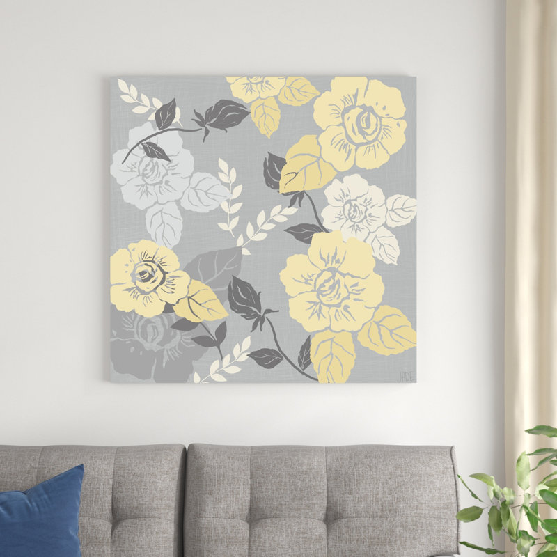 Roses jaunes sur fond gris II, H 36 po x l 36 po x P 1,25 po