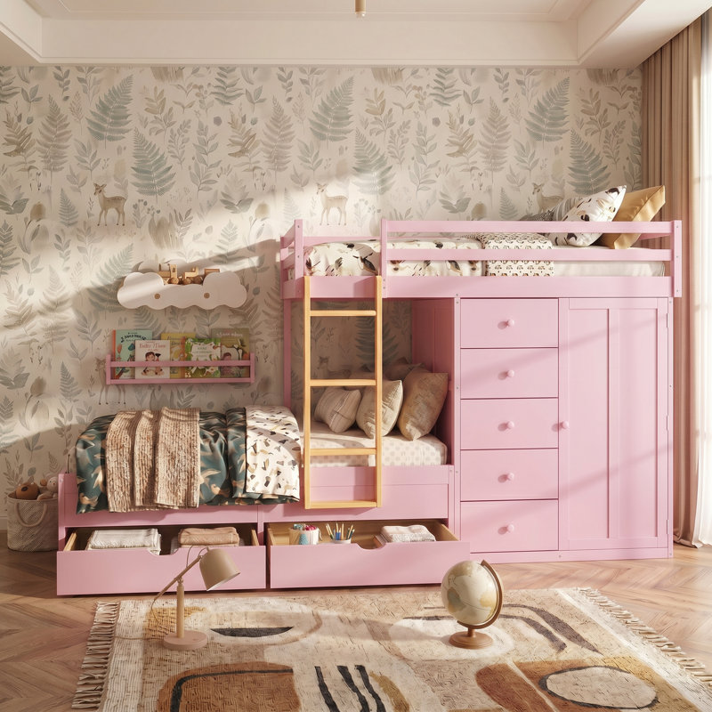Lit superposé pleine grandeur rose Sakura avec 2 grands tiroirs et 5 petits tiroirs, panneau de fibres à densité moyenne de construction de haute qualité et bois massif, barrières de sécurité et échelle robuste, conception de rangement moderne avec petite armoire, beaucoup de rangement