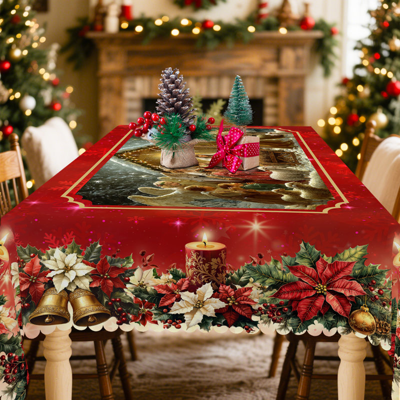 1pc Red Christmas Themed Lenart With Jesus' Birth Scene, Biblical Birth Of Jesus Lenart, Holiday Party Outdoor Decoration Lenart, Xmas Decor, Kitchen Accessories, Round Table Cloth, Table Cloth Rectangle Table, Christmas Gift