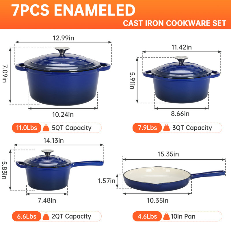 Nonstick Enameled Cast Iron Cookware Set, 7pcs Pots And Pans Set, Gas/induction Dutch Oven Set, Blue, Blue