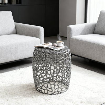 Aluminum Drum End Table With Intricate Design-Silver  Nickel