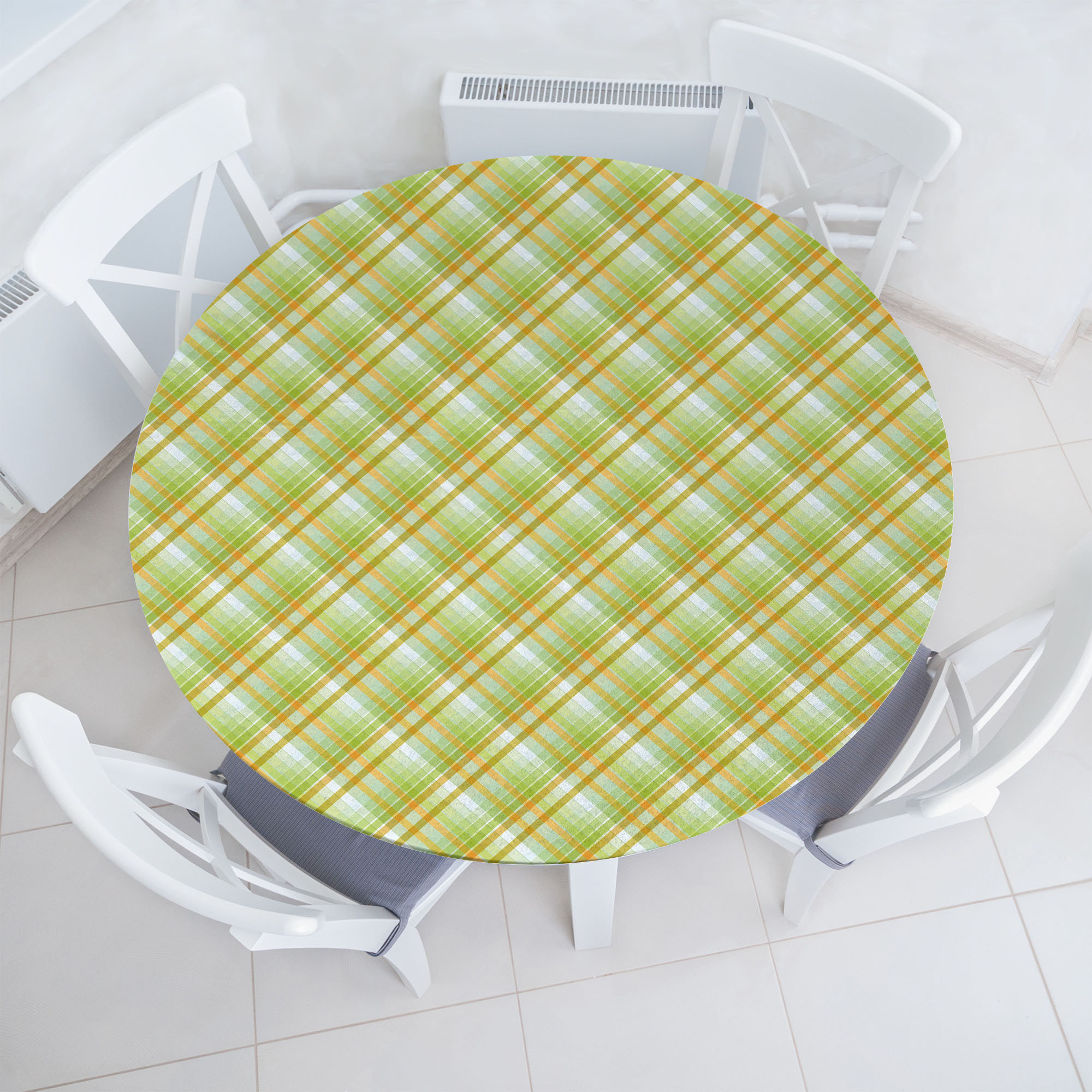 Gracie Oaks Plaid Fitted Round Tablecloth Marigold and Lime Green | Wayfair