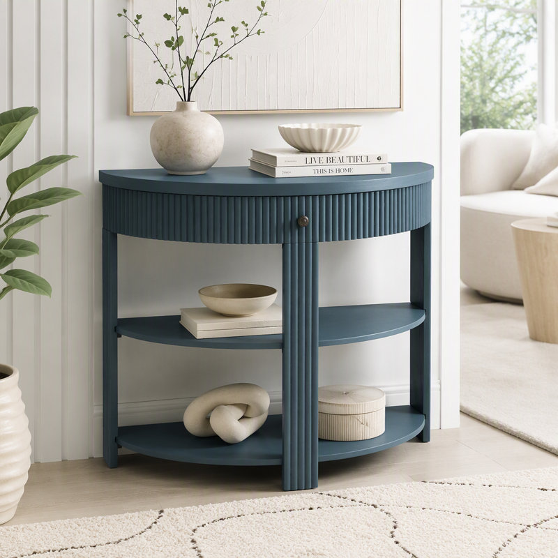 Console cannelée demi-lune avec tiroir et tablettes, Marine