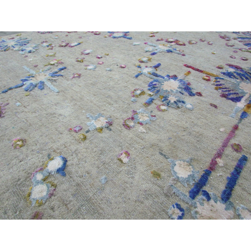 Odyssey Post Modern Organic Abstract Beige Oat Blue Purple White Hand-Knotted Wool/Silk Designer Area Rug / Rug Size: Rectangle