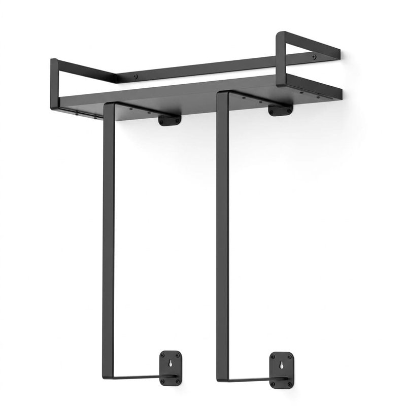 Porte-serviettes mural noir avec tablette en bois pour la salle de bain, le VR et le camping.