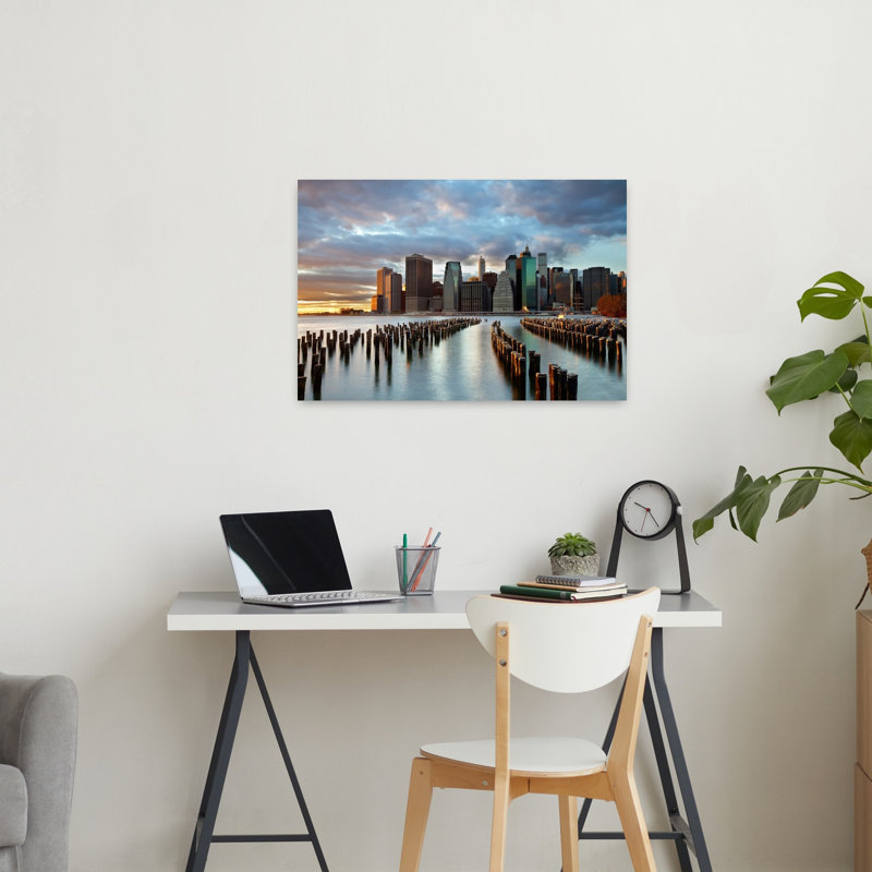 Manhattan Waterfront Colorful Dramatic Serene City Landscape Wall Art Print 1 Piece Wrapped Canvas Wall Art