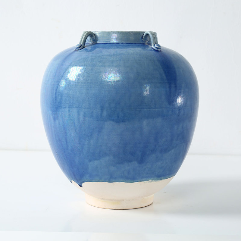 Approx. 11 Inches High Green-Blue Vase with Four Handles (4.3" Opening)