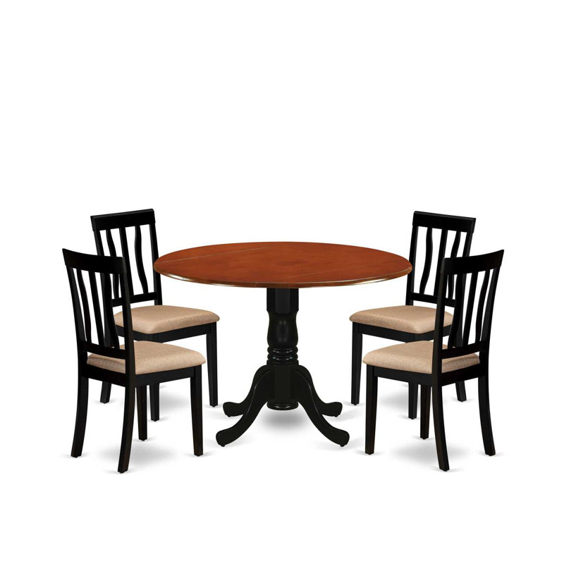 5 Piece Dining Table Set for 4 Includes a Round Kitchen Table with Dropleaf and 4 Linen Fabric Kitchen Dining Chairs, 42x42 Inch, Black & Cherry