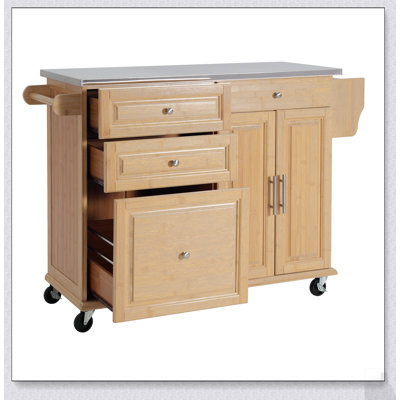 Îlot de cuisine intérieur en bambou avec plateau en acier inoxydable, chariot mobile avec tiroirs, armoire et porte-serviettes pour la salle à manger et le bar