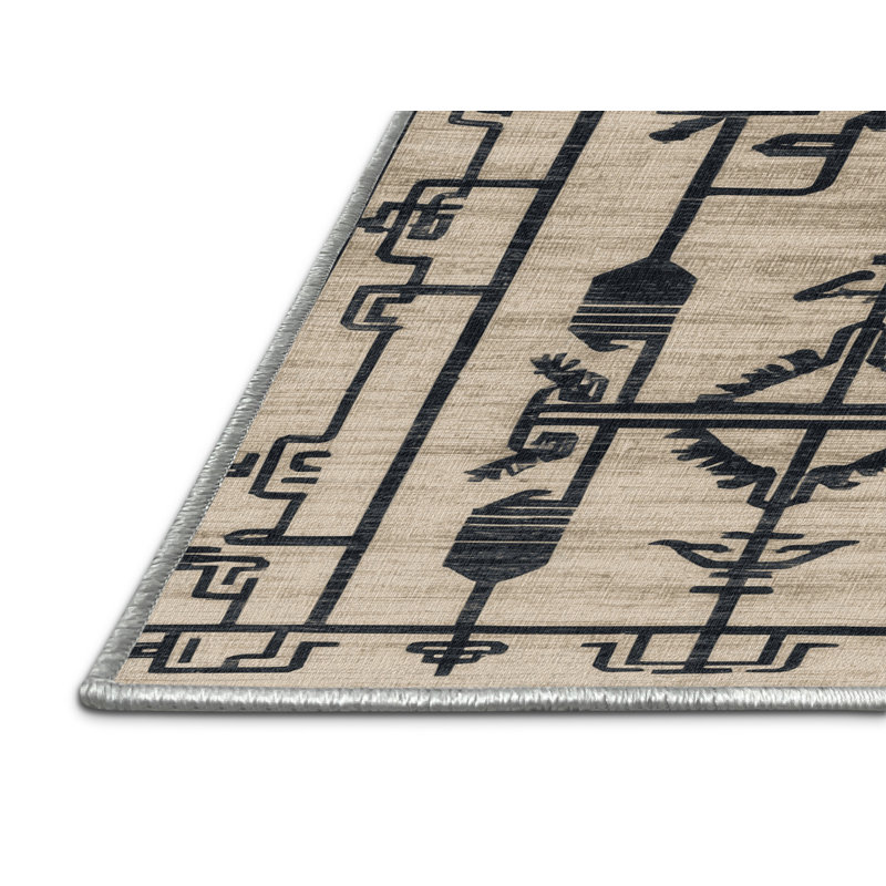 Tapis beige Art Deco lavable à la machine, Rond 3 pi