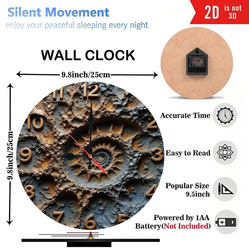 Horloge murale 10 po en MDF rond avec mouvement à quartz silencieux et crochet sans perceuse (piles AA non incluses)