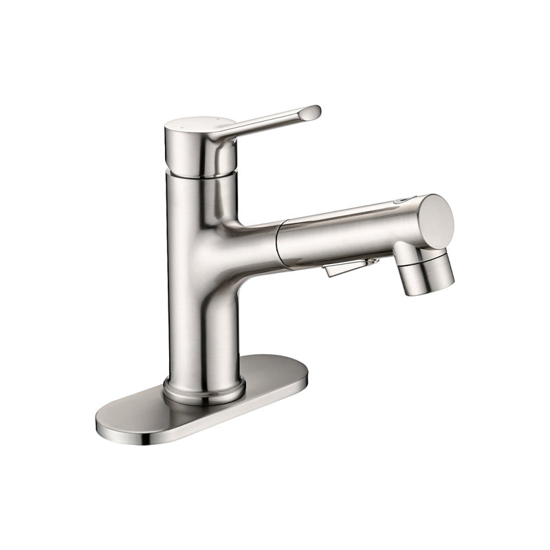 Bathroom Sink Faucet With Pull Out Sprayer, Single Handle Modern Bathroom Basin Faucet With Pop-Up Sink Drain Stopper & Deck Plate
