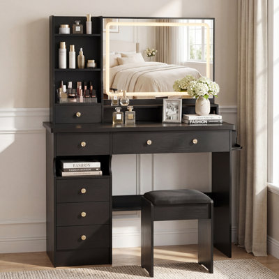 41" Vanity Table Set with Left Drawer Desk, LED Mirror, Charging Station, Hair Dryer Stand, and Cushioned Stool