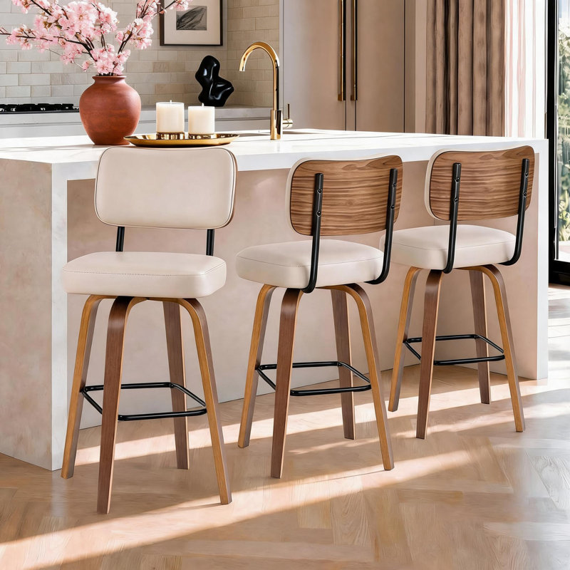 Tabourets de bar pivotants de 66 cm (26 po), avec dossier et pieds en bois courbé, Blanc cassé / blanc, 3