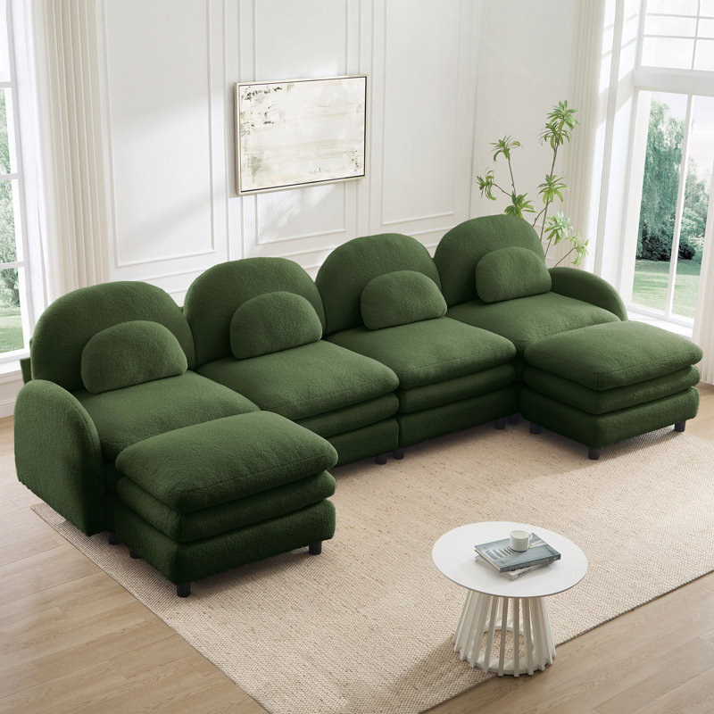 Canapé d'angle modulaire en tissu Teddy effet nuage, dossier et accoudoirs incurvés avec coussins lombaires incurvés, pouf amovible et coussin double couche de soutien