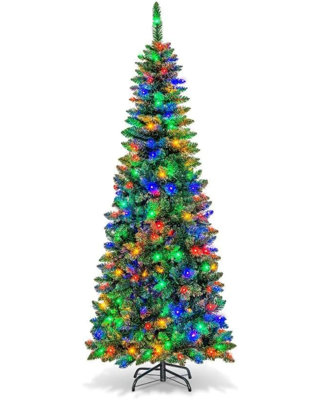 Arbre de Noël 6 pi avec lumières à DEL - Arbre de Noël artificiel mince pour petits espaces, avec support en métal - Assemblage facile