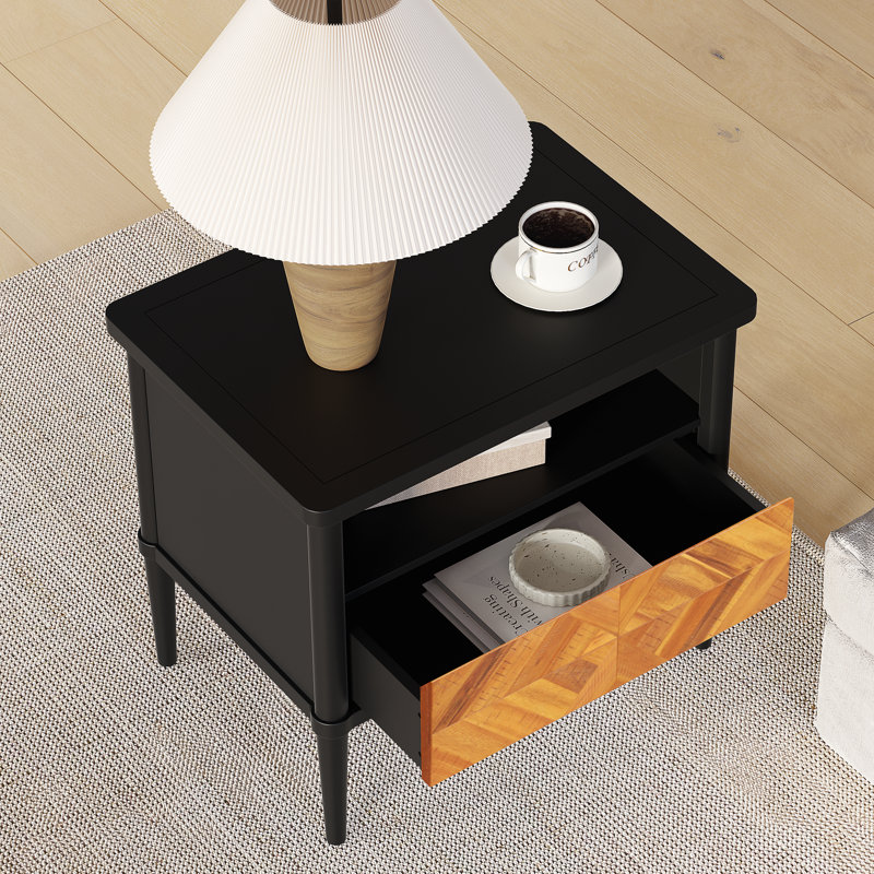 Cartlin Mid-Century Solid Wood Nightstand with Chevron Front & Open Shelf - Acacia, Mystic Finish, Teak