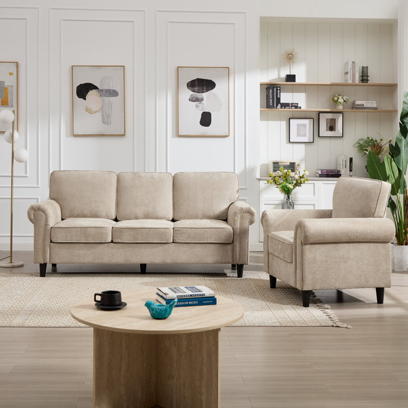 Ensemble de salon 2 pièces avec canapé rembourré et fauteuil, Tanné