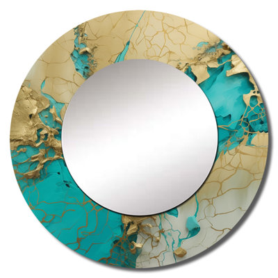 Panaggio Turquoise Gold Captivating Liquid Ink - Marble Decorative Mirror, Turquoise Round Wall Mirror, Printed Metal Art