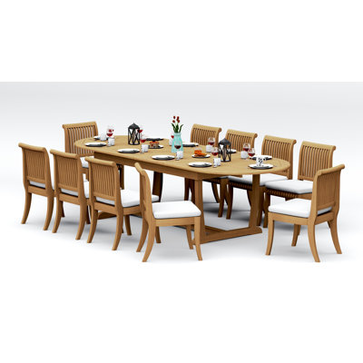 11 Pcs Grade-A Teak Wood Dining Set: 118" Double Extension Mas Oval Trestle Leg Table  Giva Armless Chairs #11GV2700