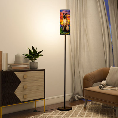 Floor Lamp Cat Blue Eyes Blue Flowers Stained Glass Style Floor Lamps with Remote LED Lights Adjustable Lamp Shades Tall Standing Lamps for Reading Office Living Room