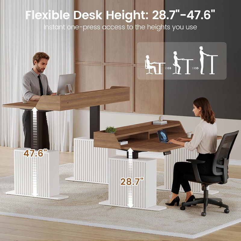 55" Standing Desk with Storage Computer Desk With Power Outlets Led Lights, Brown/White