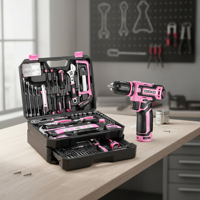 Trousse à outils rose 238 pièces avec perceuse sans fil 12V, ensemble complet d'outils pour dames avec boîte à outils portable, cadeau de réparation de bricolage pour femme
