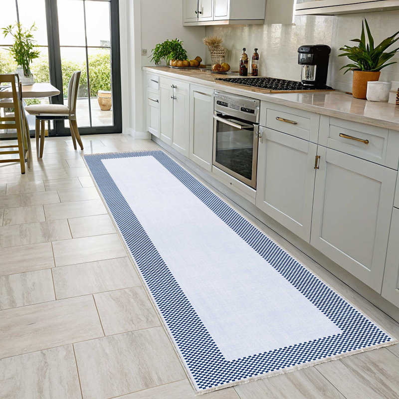 Tapis de couloir en chenille bleu marine moderne de conception moderne antidérapant, Rectangle 5' x 2'8"