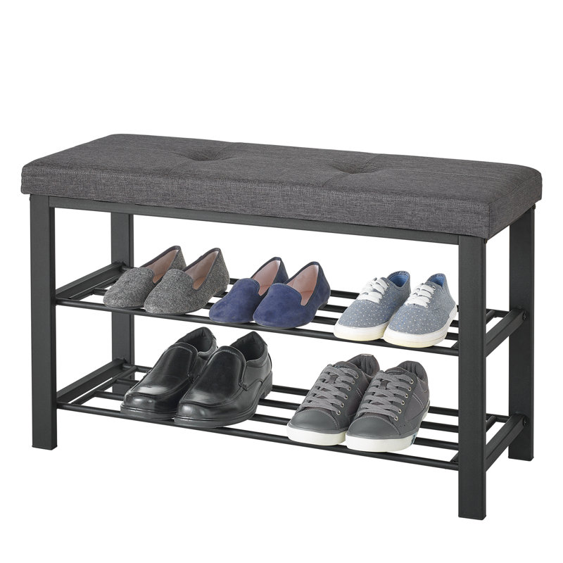Dark Charcoal Upholstered Shoe Storage Bench with Metal Frame