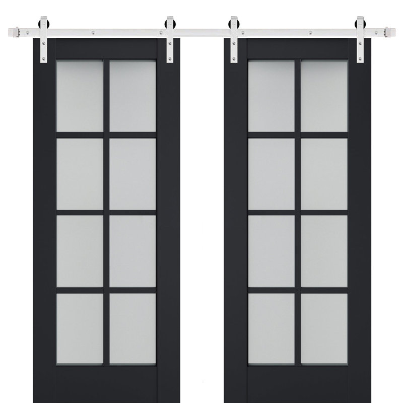 Porte de grange double robuste avec vitrage dépoli Veregio 7412 Anthracite, supports de rail de 13 pi, portes intérieures à panneaux pleins et lourds - 56 po x 80 po (2 x 28 po x 80 po) - Rail argenté