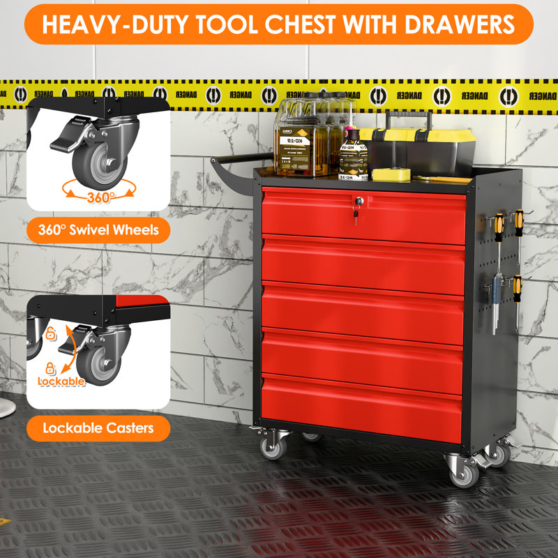 Metal Rolling Tool Chest with 5 Drawers and 4 Hooks, Tool Storage Cabinet with Lockable Wheels and Pushing Hands For Warehouse, Garage, Assembly Required, Black&Red
