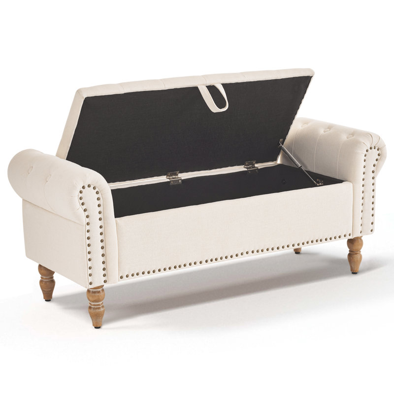 Mid-Century Modern Storage Bench, 51" Wide Flip Top Faux Leather Upholstered Bench with Armrests, Large Wood Entryway Bench for Living Room, Bedroom