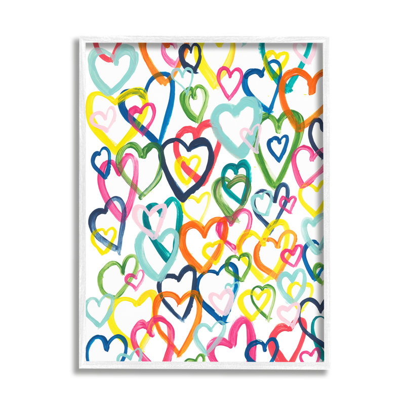 «Lovely Bold Rainbow Hearts» par Bronwyn Baker - Peinture, H 14 po x l 11 po x P 1,5 po, Giclée encadrée blanc bord de mer
