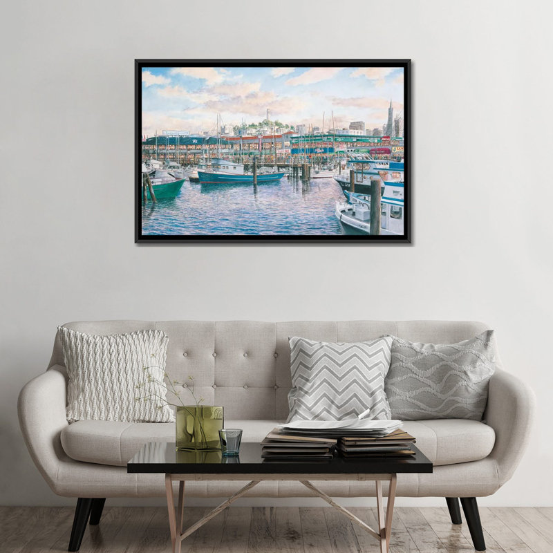 «Fisherman'S Wharf Sunset» par Stanton Manolakas, reproduction d'art sur toile, Toile avec cadre noir, Pas de tapis
